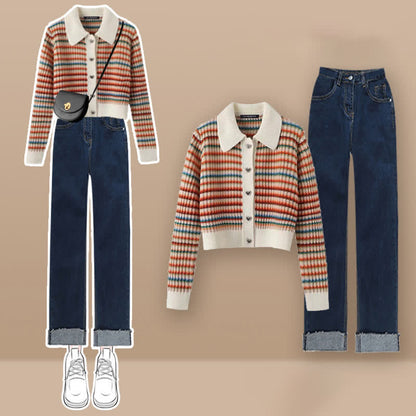 Colorful Stripe Rainbow Cardigan Casual Pants