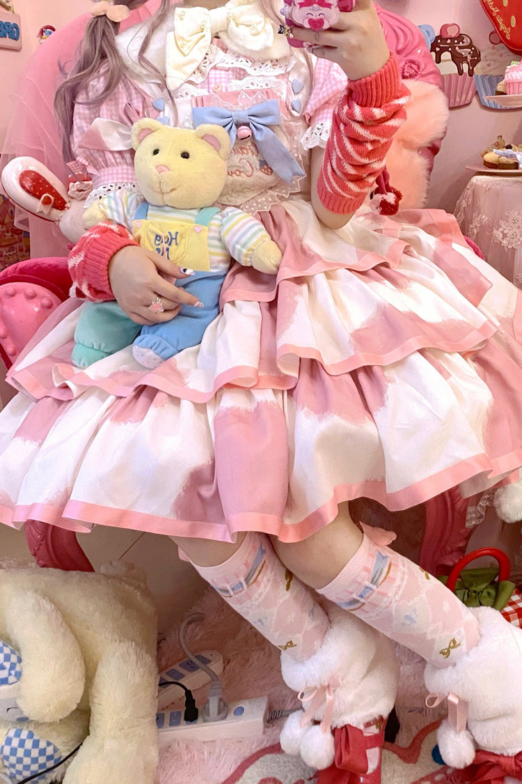 Pink Sleeveless Triple Layer Cow Print Ruffle Bow Sweet Jsk