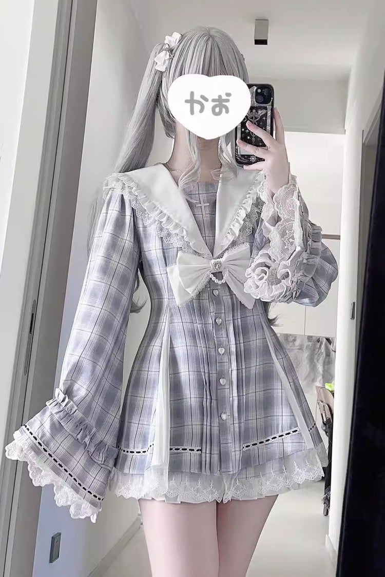 Square Collar Long Sleeves Bow Lace Pearl-Decorated Sweet Jirai Kei Dress and Short Set