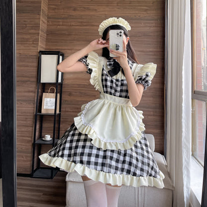 Sweet Bow Knot Ruffled Plaid Maid Dress