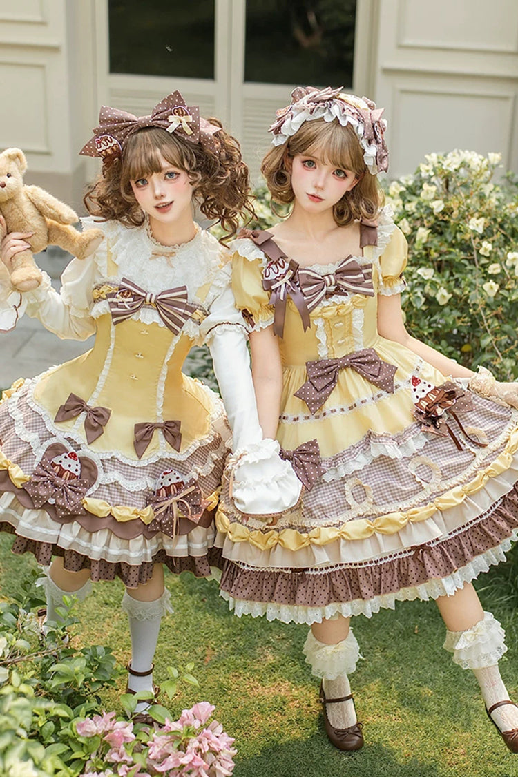 Yellow/Brown [Polka Dot Cake] Multi-Layered Printed Ruffled Bow Sweet Lolita OP Dress