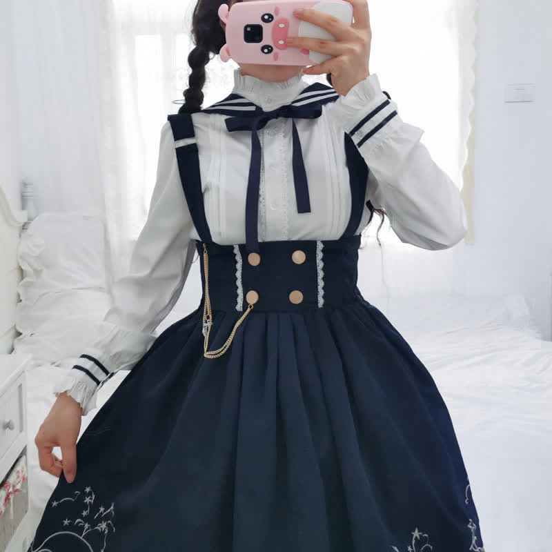 Sailor Collar Shirt Cartoon Dolphin Print Suspender Skirt