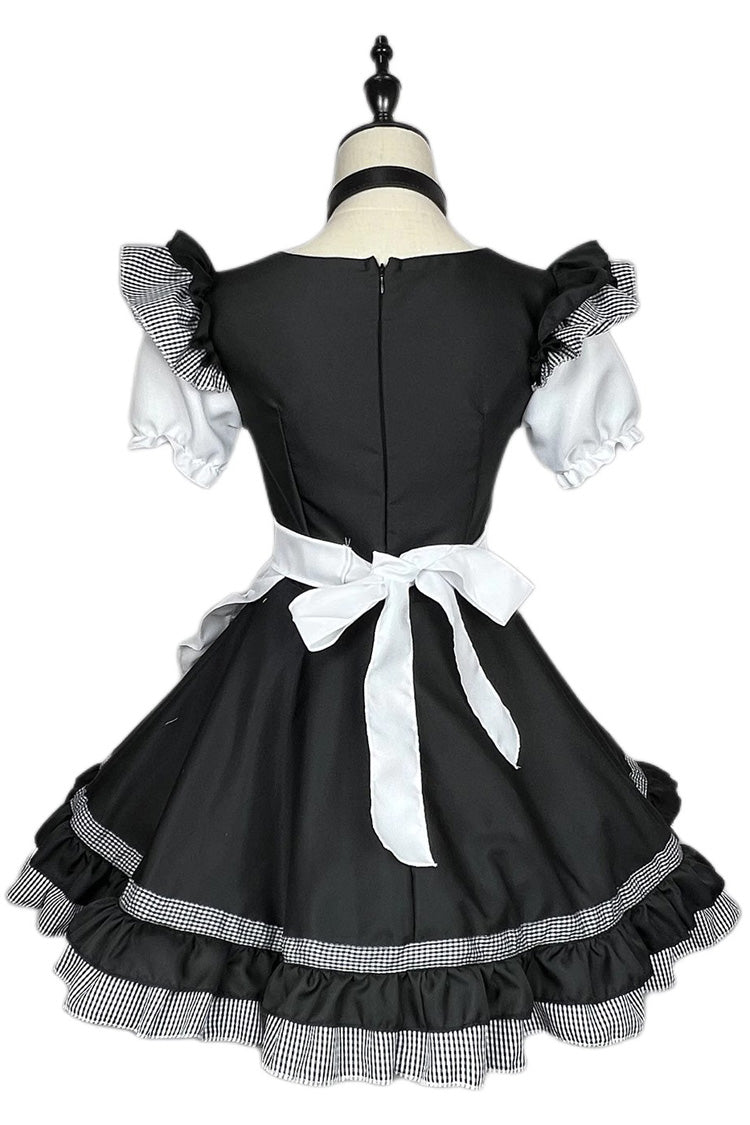Monochrome Plus-Size Sweet Maid Dress with Cat Paw Print and Short Sleeves
