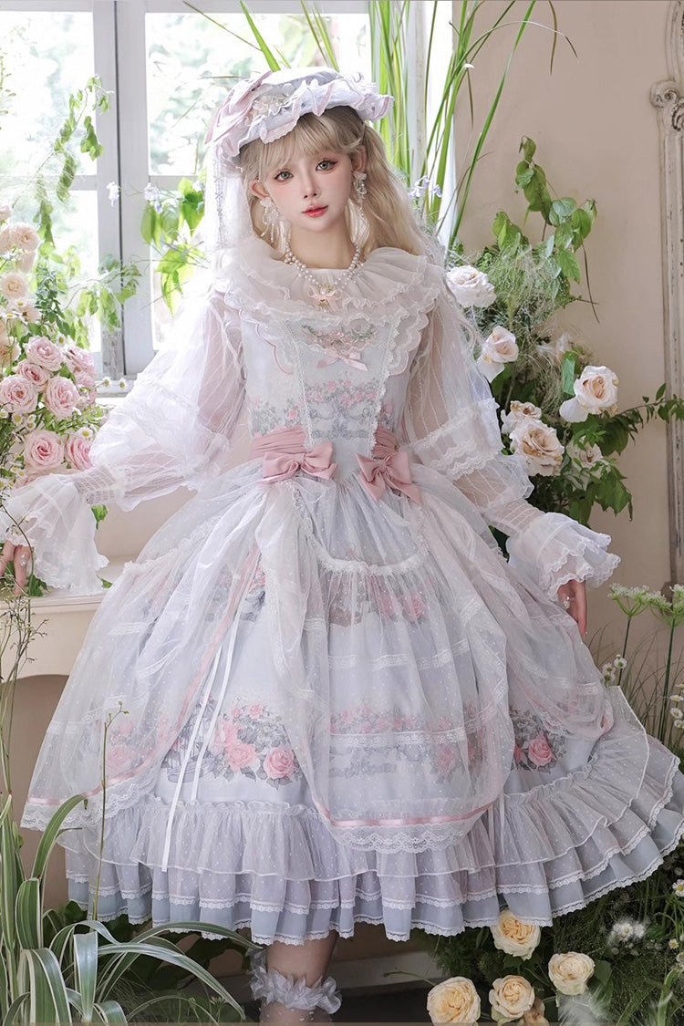 Rose Flower Cage Printed Ruffled Bow Sweet Elegant JSK