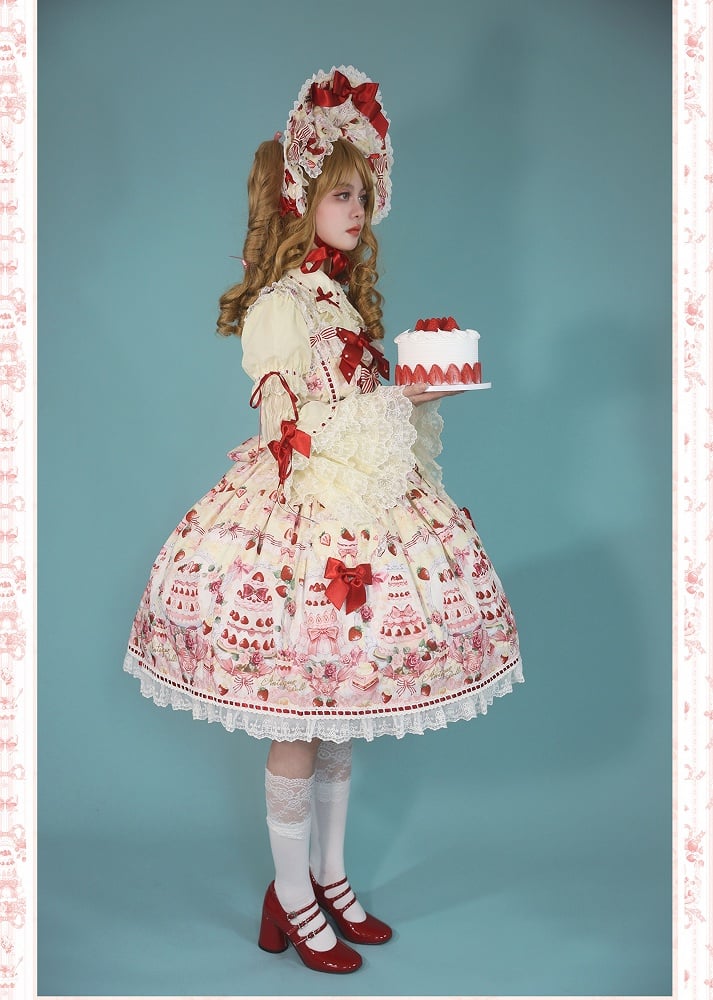 Yellow Strawberry Bow Print Accents Lolita / JSK Desserts Sweet and Set Full