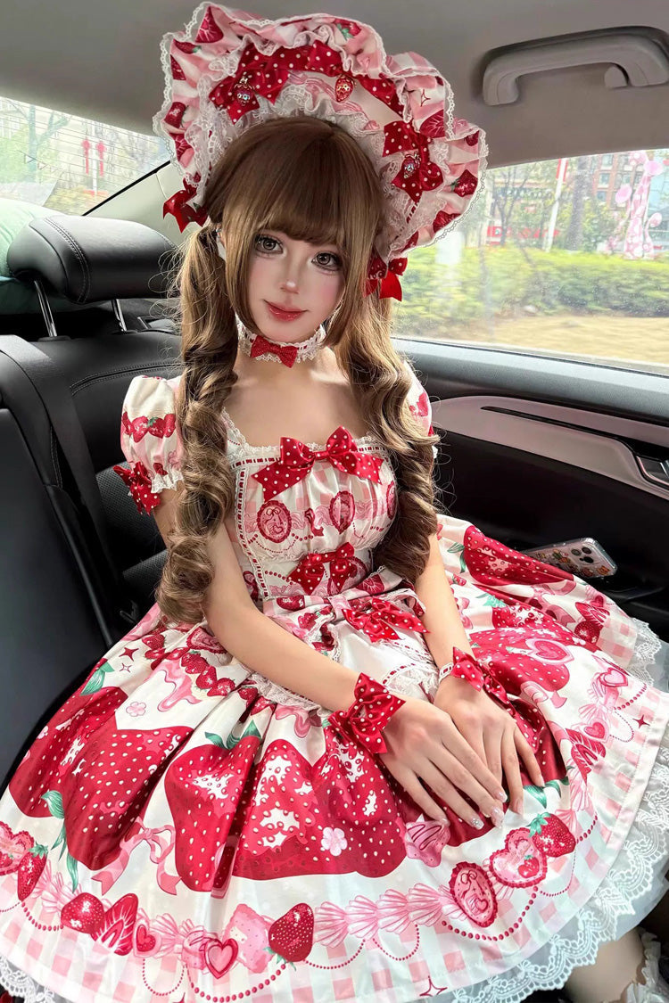 Dream to Strawberry Printed Short Sleeve Ruffle Bow Lace Sweet Lolita OP Dress in Four Colors