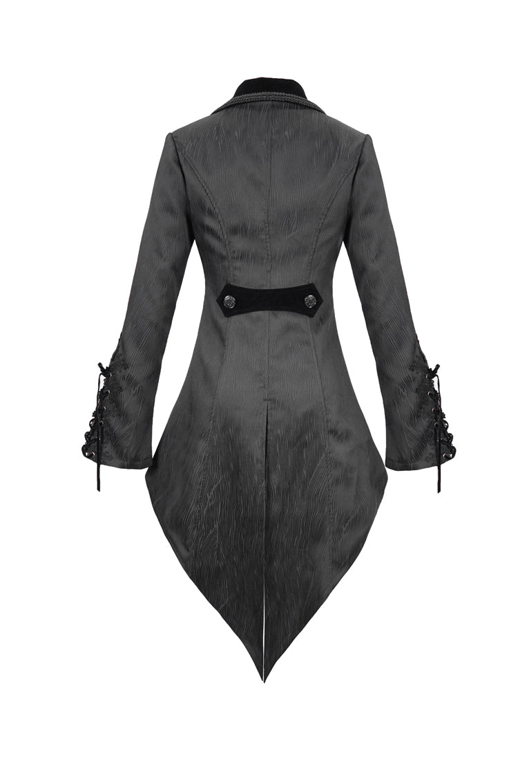Women's Gothic Coat in Black with Decals, Metal Button Lace-Up Cuffs & Striped Jacquard