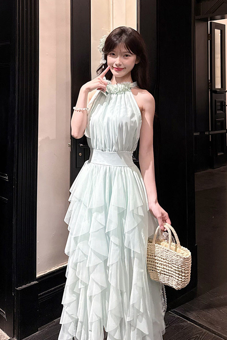 Light Green [Mist Bell] Halterneck Sleeveless Multi-Layered Ruffled Irregular Sweet Lolita Dress
