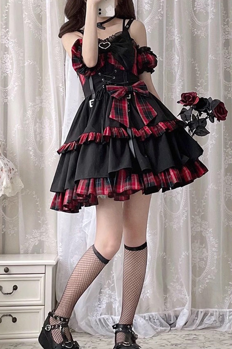 Black Red Plaid Print Color Contrast Leather Buckle Bowknot Ruffle JSK