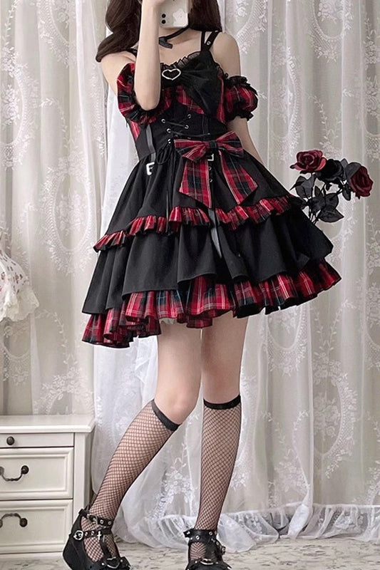 Black Red Plaid Print Color Contrast Leather Buckle Bowknot Ruffle JSK