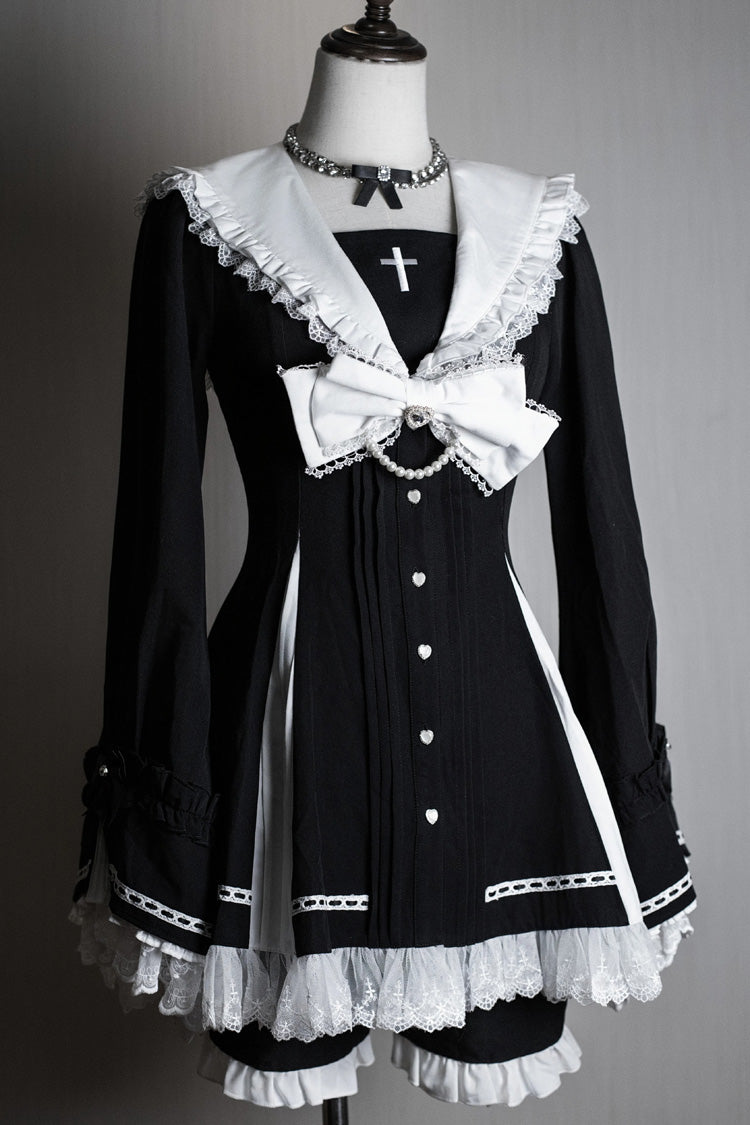 Square Collar Long Sleeves Bow Lace Pearl-Decorated Sweet Jirai Kei Dress and Short Set