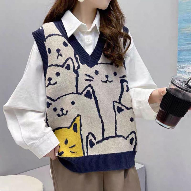 Cute Kitty Print Vest Lace Up Shirt Set