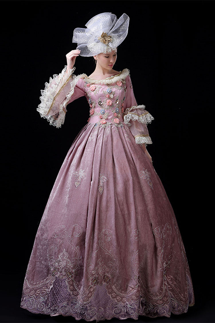 Pink Multi-Layer Trumpet Sleeve Victorian Gown - 3D Flower Embroidery