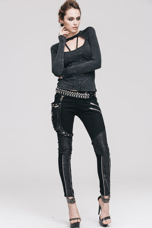 Women's Punk T-Shirt with Hollow Out Long Sleeves Straps Design
