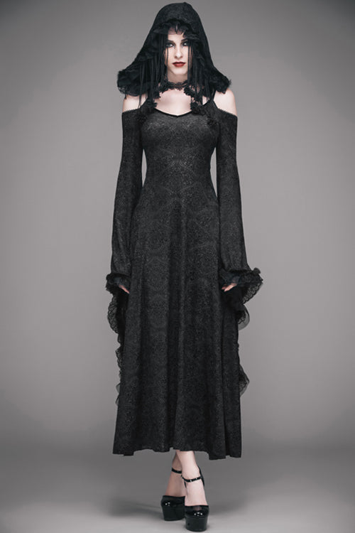Gothic Oversized Cuffs Stretchy Floral Off-Shoulder Hooded Maxi Dress
