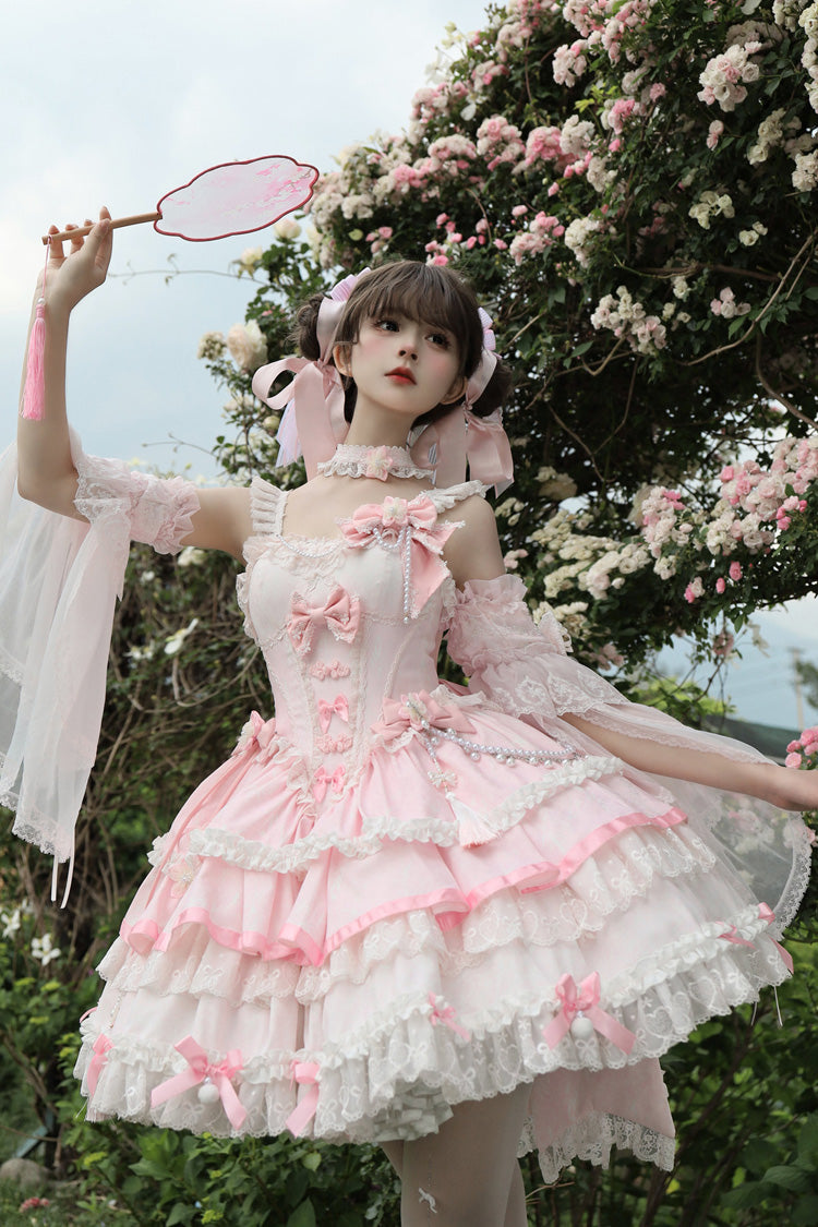 Pink [Prelude of Spring Cherry] Square Collar Sleeveless Multi-Layered Jacquard Ruffled Bow Lace Pearl-Decorated Sweet Lolita Jsk Dress