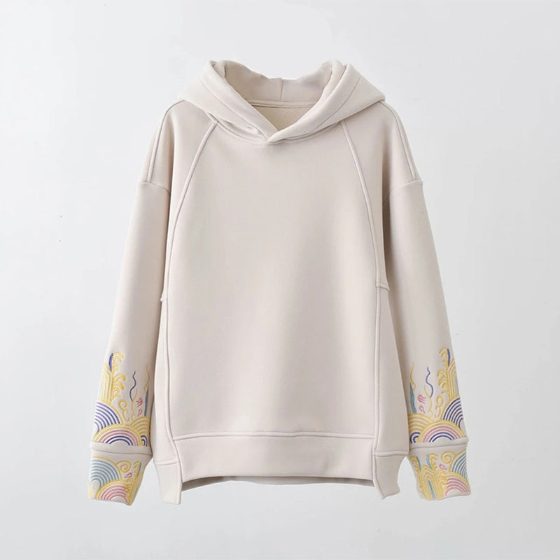 Casual Floral Embroidery Plush Loose Hoodie