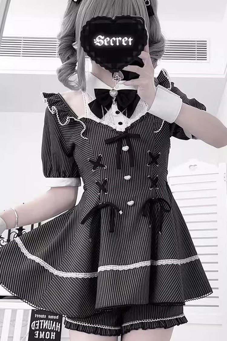 Black Short Sleeve Striped Print Bow Lace-Up Gothic Plus Size Jirai Kei Dress