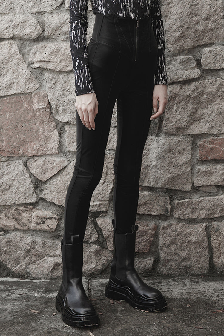 Punk Leather Pants with Bat Embroidery, Elastic Waist and Metal Zipper