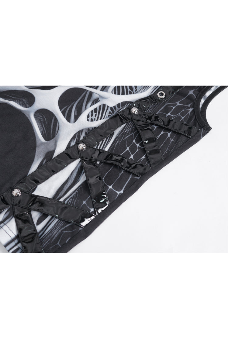 Monochrome Punk Vest with Round Collar and Cut-Out Print