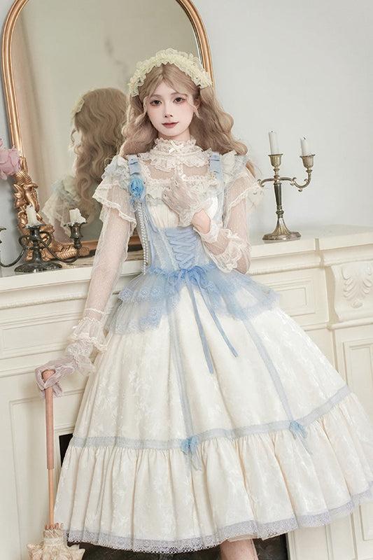 Ivory Square Collar Flutter Sleeve Ruffle Fishbone Sweet Long Jumper - Sea Salt Iced Tea