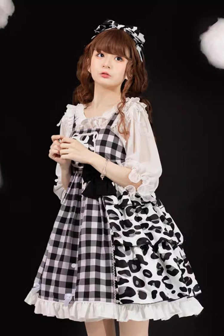 Monochrome Sweet JSK with Plaid, Cow Print, Bow, and Cat Claw Motifs