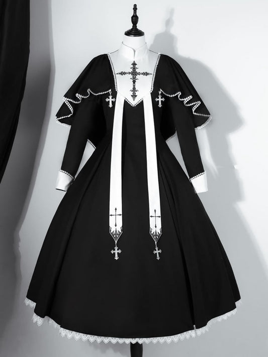 Black White Cross Embroidery Lolita Cape Dress Set