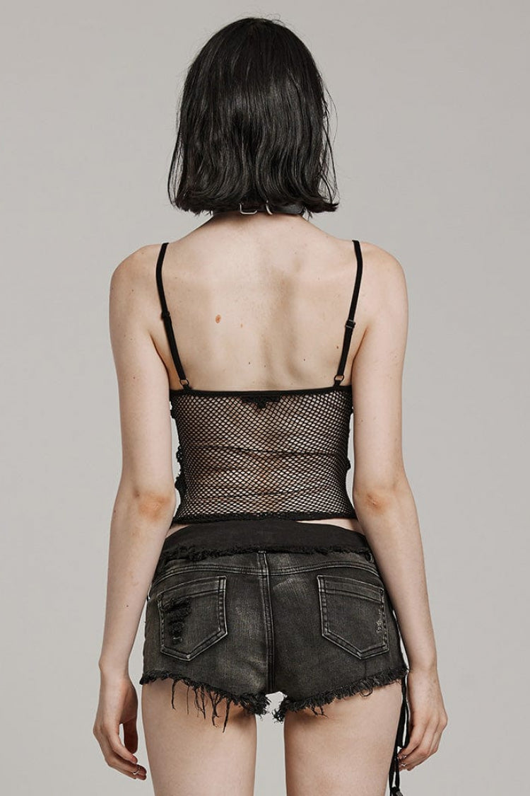 Sheer Mesh Gothic Vest with Lace Embroidery & Adjustable Drawstring for Women