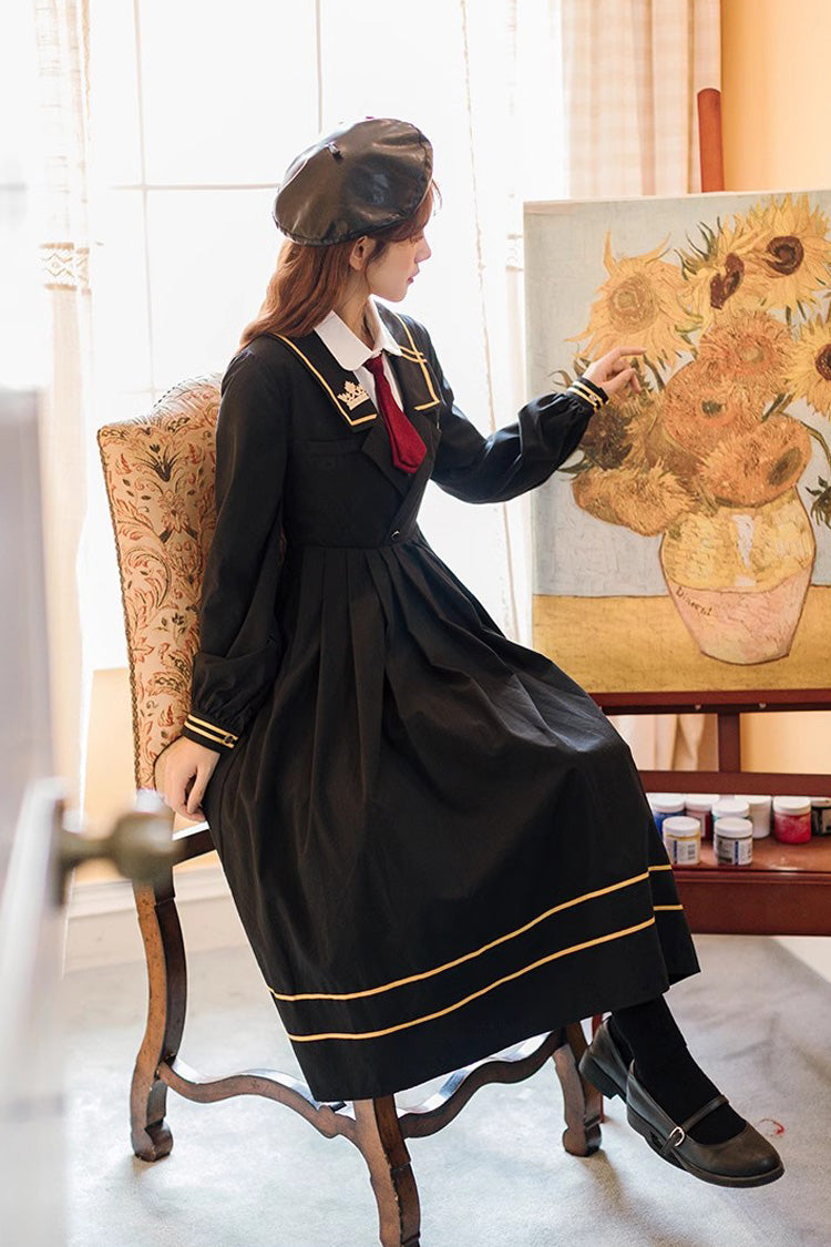 Black Embroidery Dress with Long Sleeves - College Style