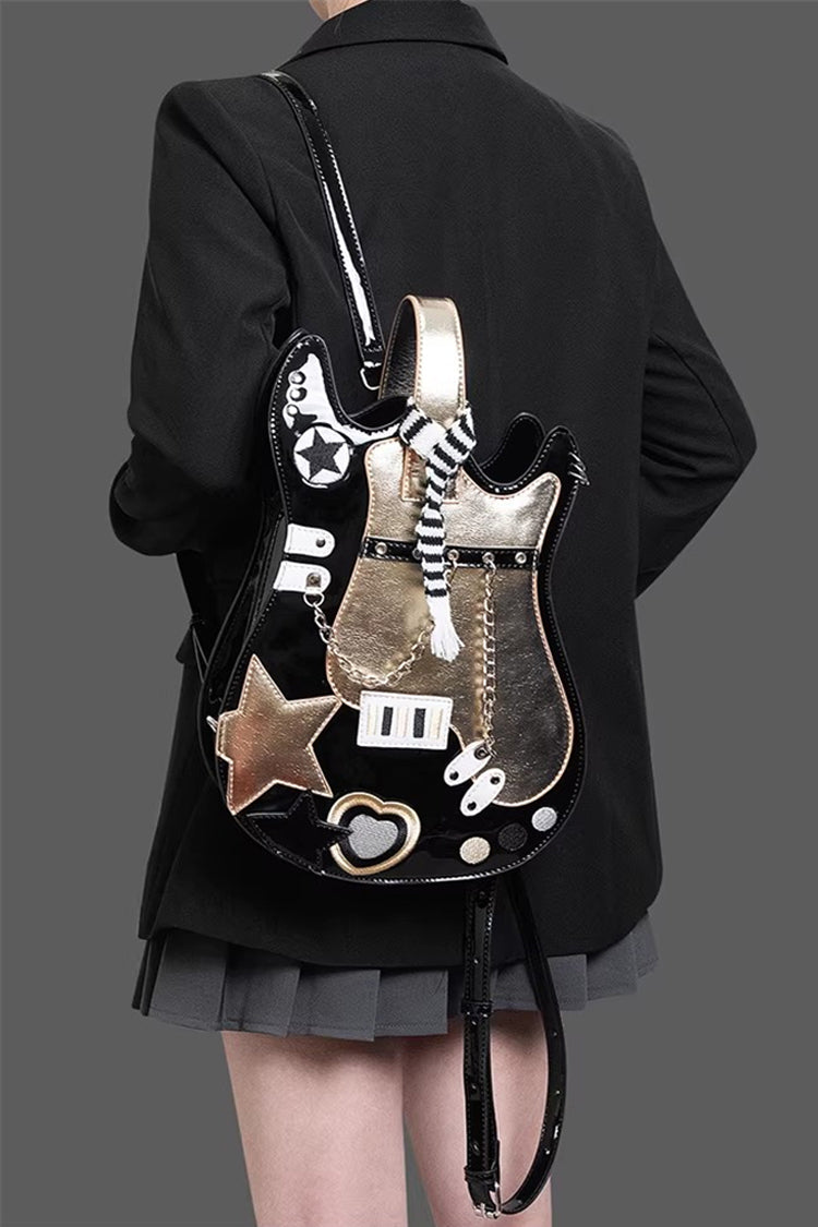 Embroidered Itabag with Guitar Heart and Chain, Color-Block Sweet Lolita