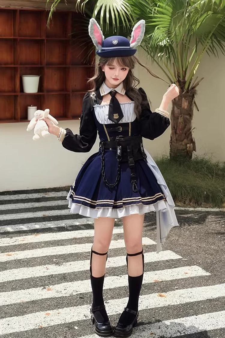 Blue Rabbit Police Officer Ruffled Bow Asymmetric College Style Handsome Jsk Dress