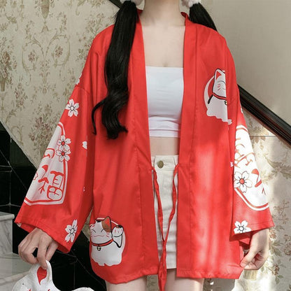 Charming Lucky Cat Sakura Print Loose Outerwear Kimono