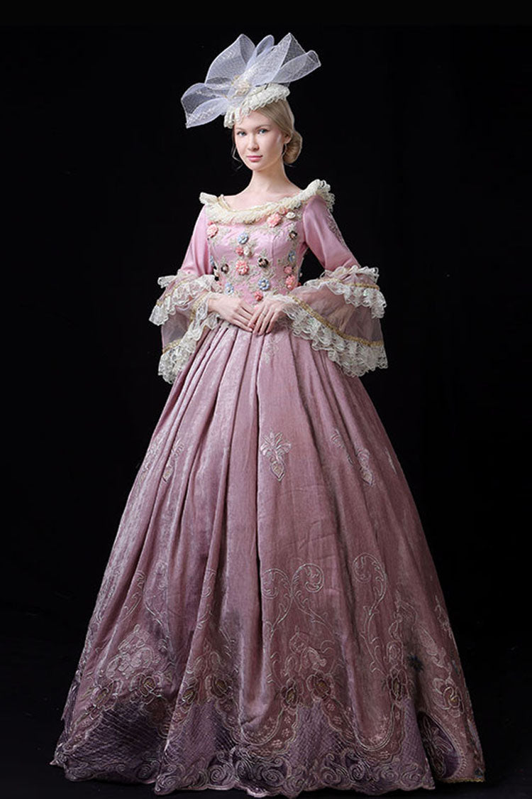 Pink Multi-Layer Trumpet Sleeve Victorian Gown - 3D Flower Embroidery