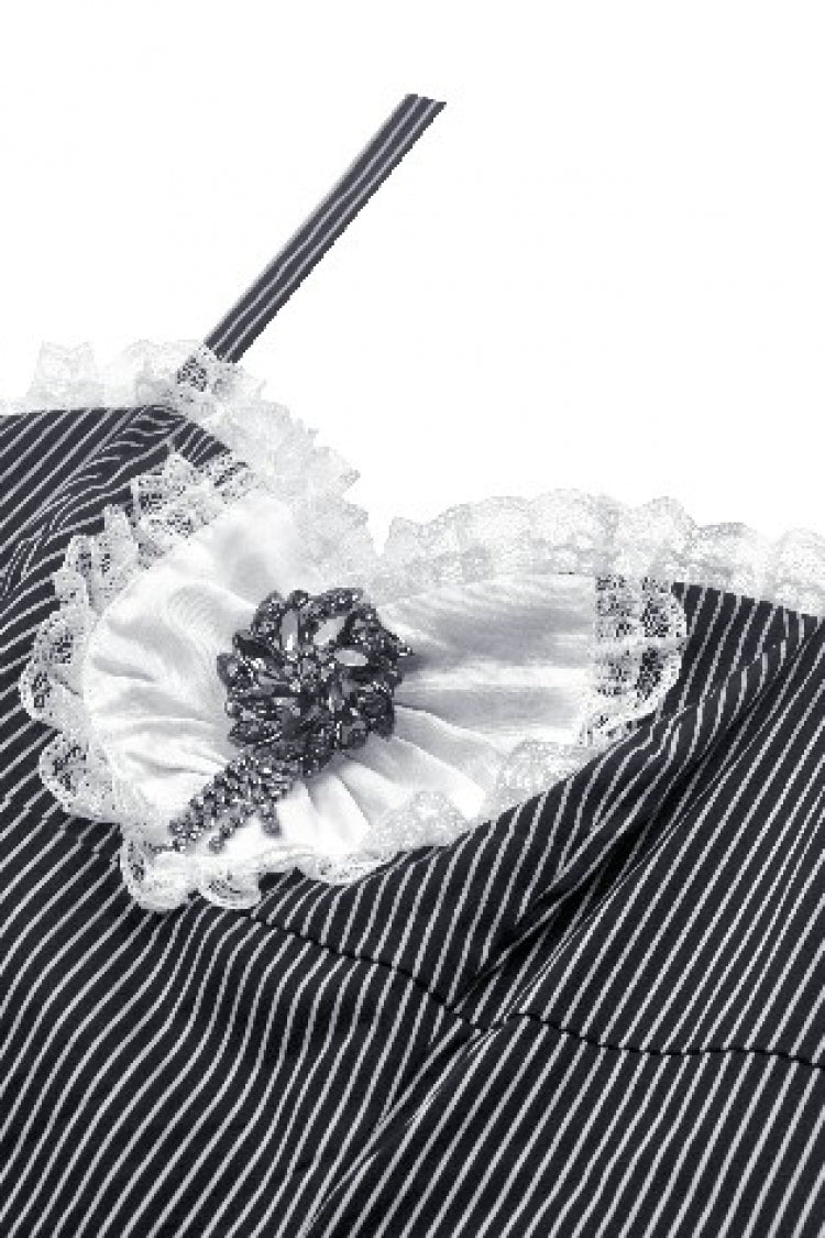 Black/White Pinstriped Sleeveless Lace Lace-Up Women's Gothic Lolita Slip Dress Graduation Dress