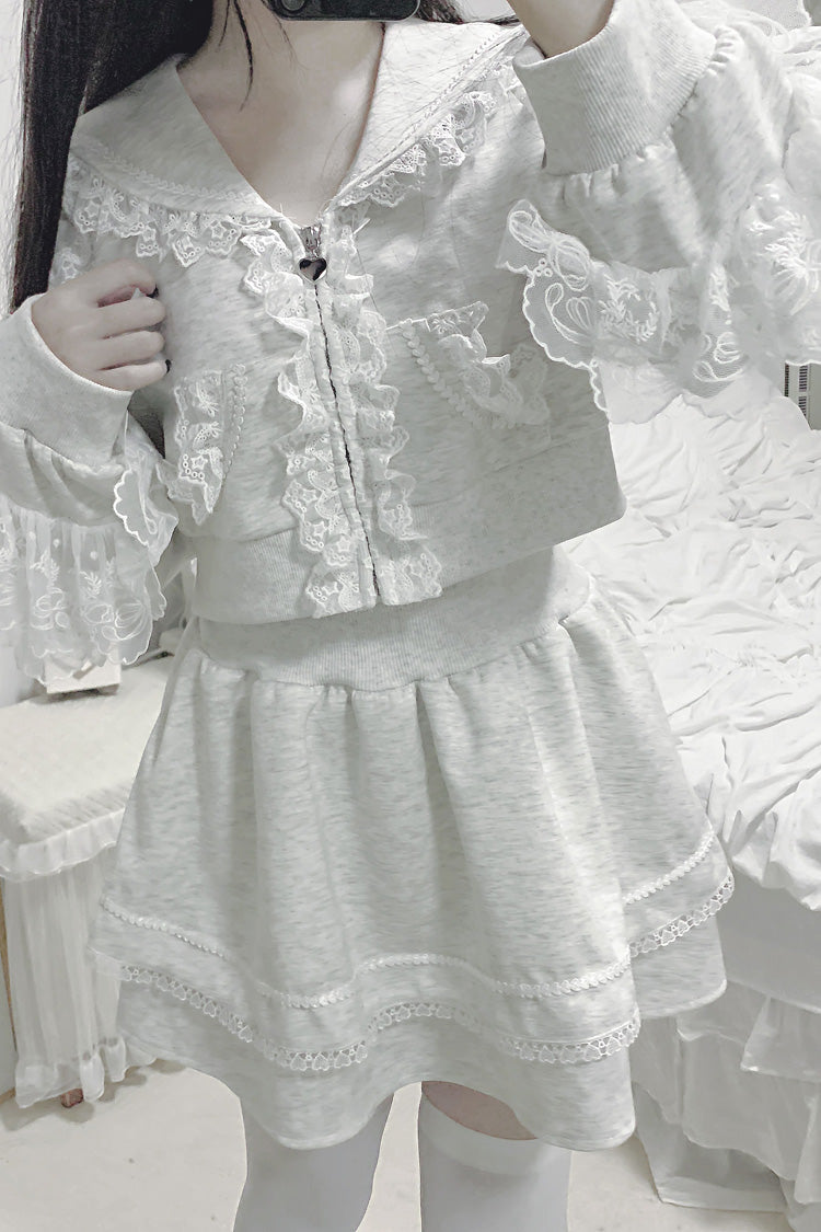 Grey Long Sleeve Ruffled Lace Hooded Jirai Kei Skirt Set