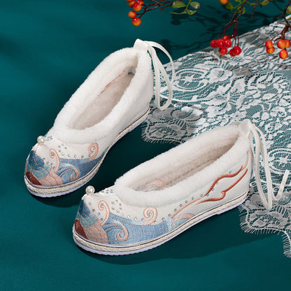 Kawaii Embroidery Wave Pearl Fuzzy Trim Flats Shoes