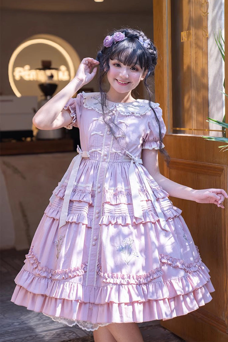 Pink Doll Collar Dress with Iris Embroidery - Sweet
