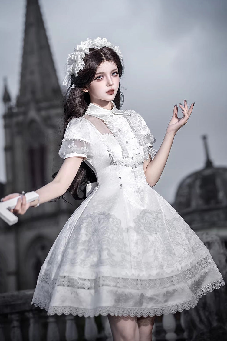 Ivory Classic Gothic Lolita Dress with Ruffled Lace and Short Sleeves