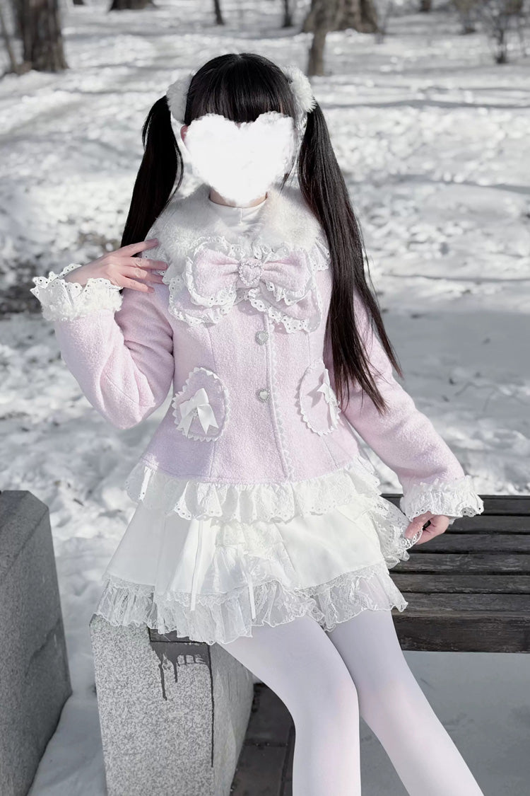 Diamond Strawberry Long Sleeve Bow Lace Pearl-Adorned Sweet Jirai Kei Lolita Coat in Three Colors