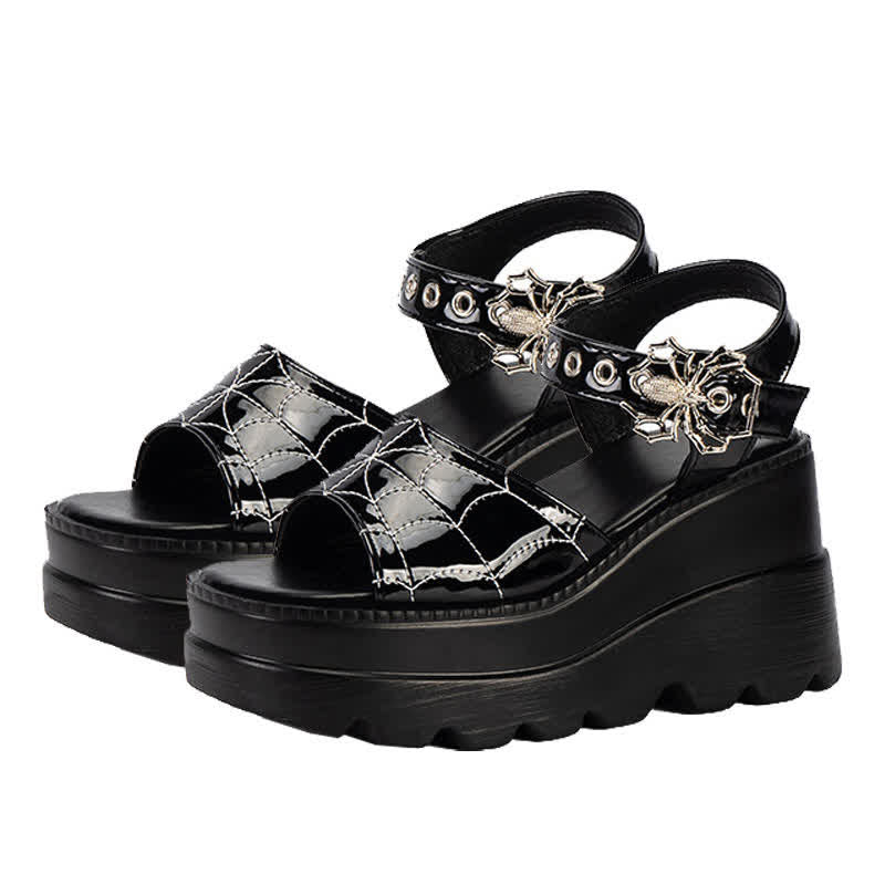 Black Punk Goth Spider Web Buckle Wedge Sandals