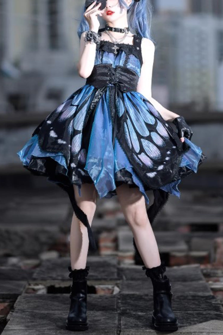 Butterfly Print Sleeveless Dress - Gothic Punk Lolita