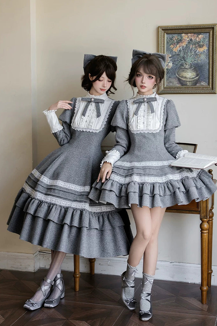 Ash Stand-Collar Ruffled Bow Lolita Gown with Poetry Motif