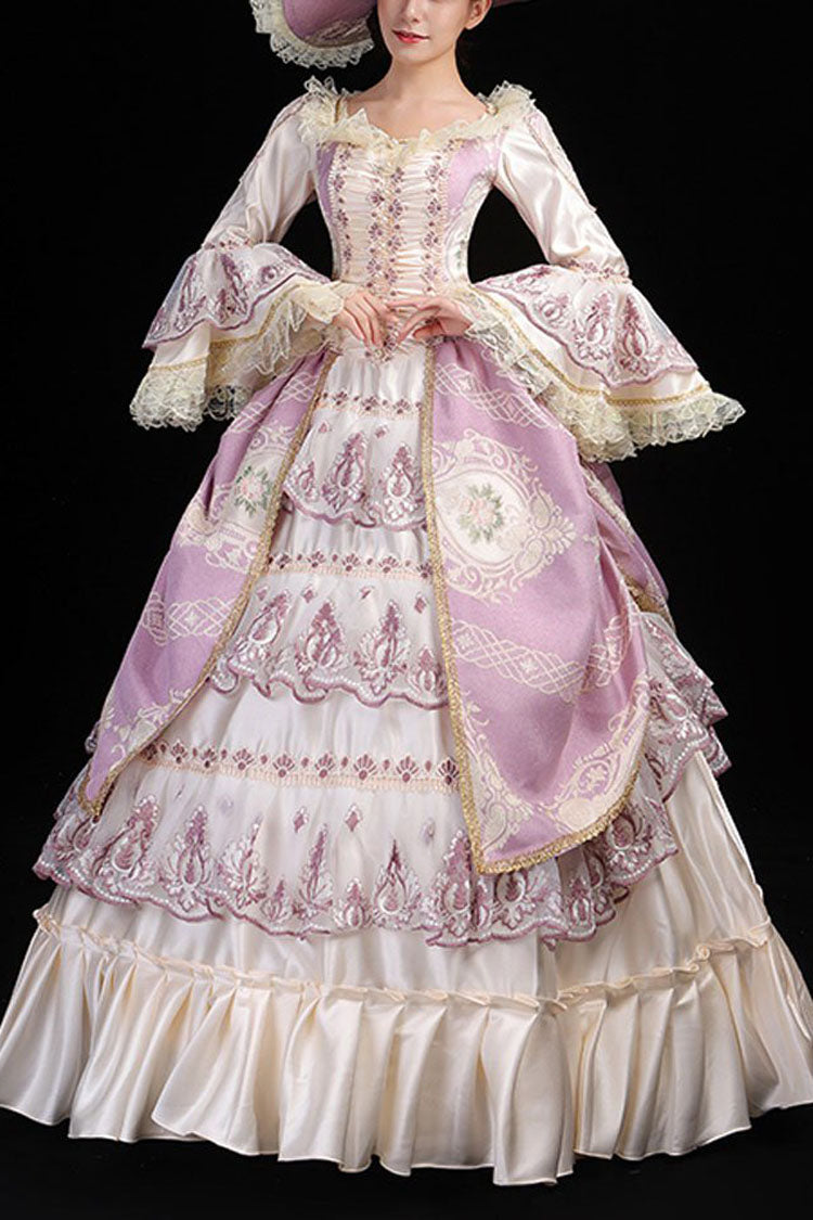 Pink and Champagne Trumpet Sleeve Victorian Gown - Hollow Embroidery