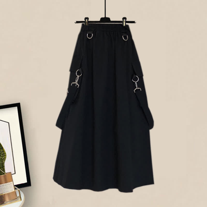 Pocket Lapel Tie T-Shirt Suspender Skirt Set