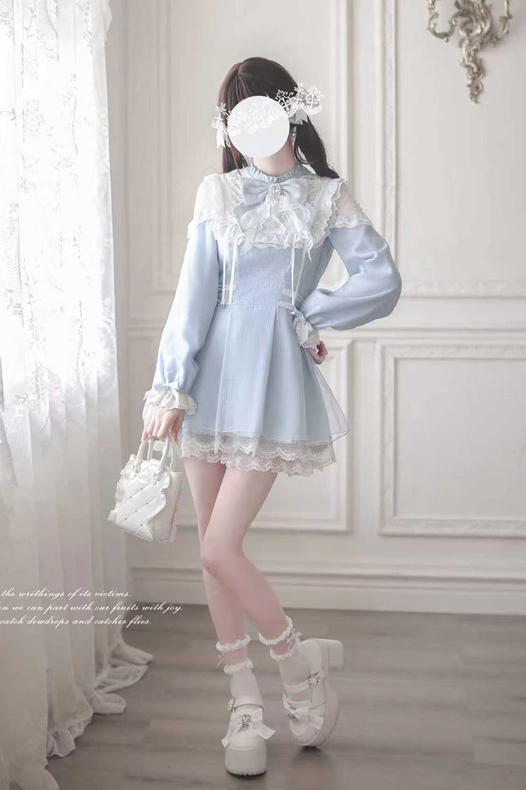 Aqua Long Sleeve Bow Lace Sweet Jirai Kei Dress