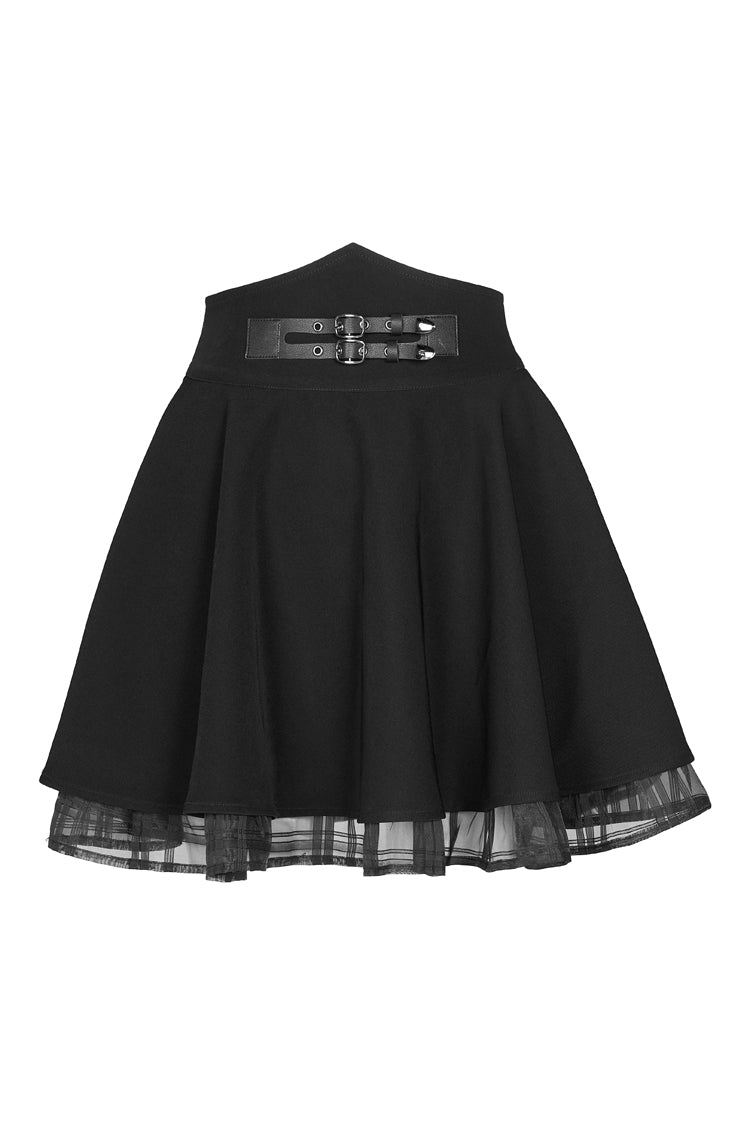 Women's Punk Skirt in Black with Metal Buckle Loops, High Waist & Mesh Splice