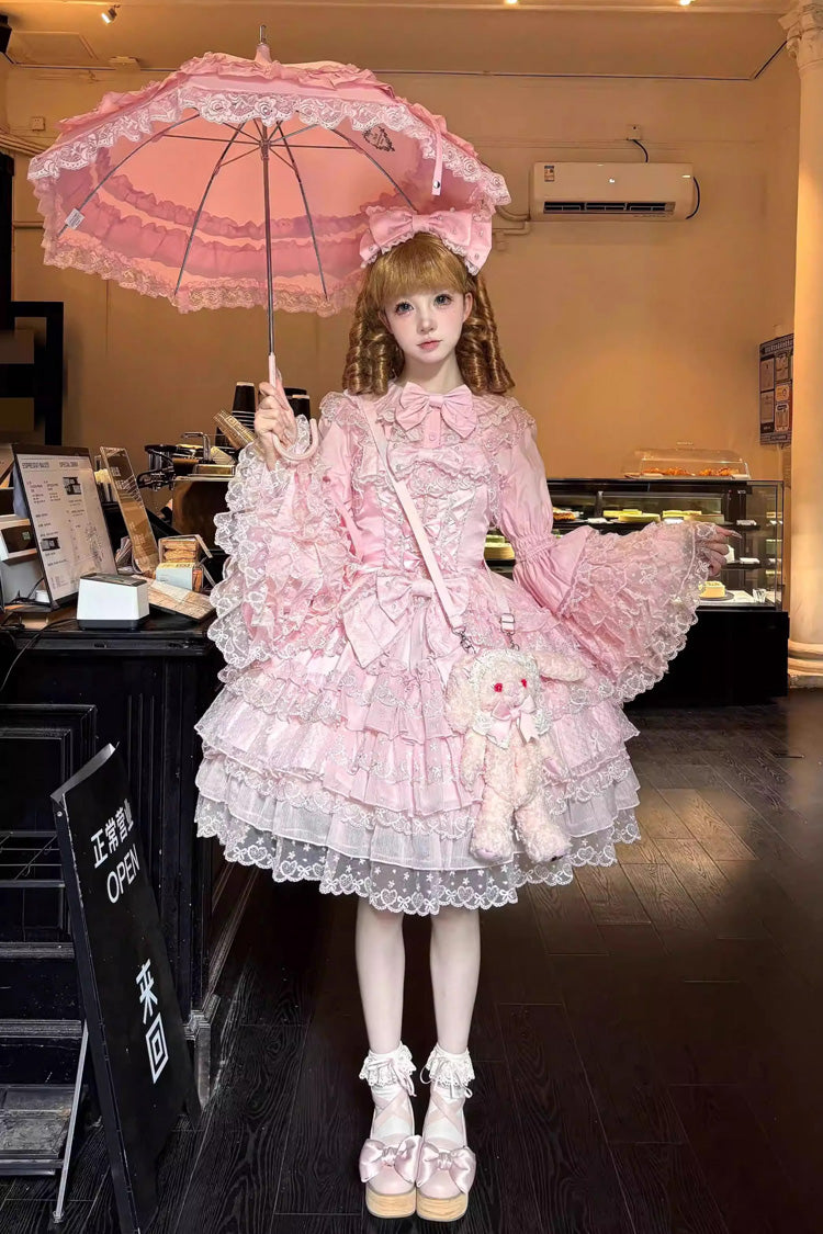 Pink Love Overture Multilayer Ruffled Bowknot Lace Sweet Lolita JSK