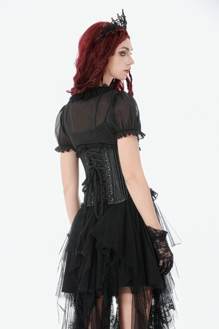 Matte Black Lace-Up Underbust Corset with Sheer Panels - Punk Style