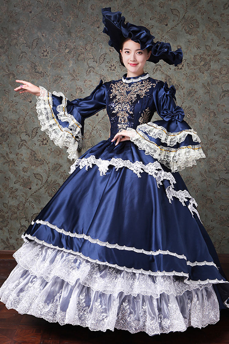 Victorian Prom Gown with Flared Sleeves, Lace, and Embroidery