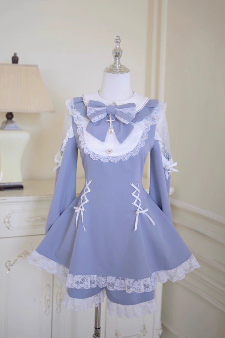 Jirai Kei Dress and Shorts Set with Hollow Bowknot, Lace-Up, Grey/Blue